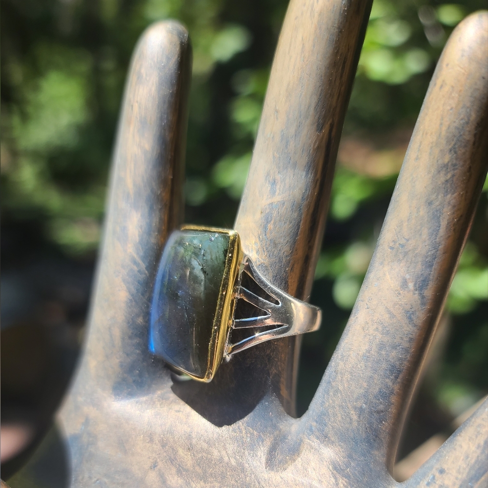 SOLD! Laboradite 13k square pillow sterling & gold ring sz 8.5 - Picture 7 of 9